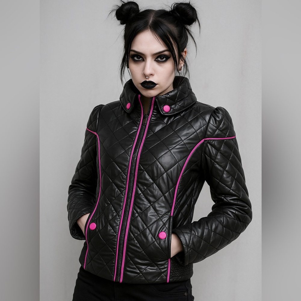 SUGARFLY Quilted Puffer Moto Jacket Coat Zip Up Pockets Black Neon Pink Medium